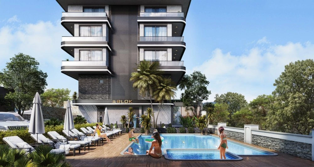 Новая охраняемая резиденция с бассейном в 900 метрах от моря, Оба, Турция