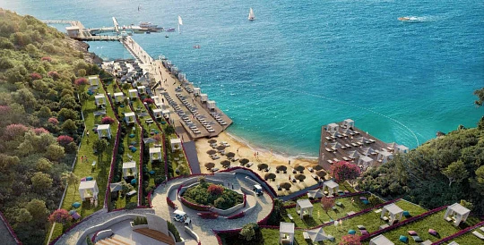 Трёхуровневые дома в жилом комплексе с частным пляжем, пристанью, широким спектром услуг в Бодруме, Мугла, Турция