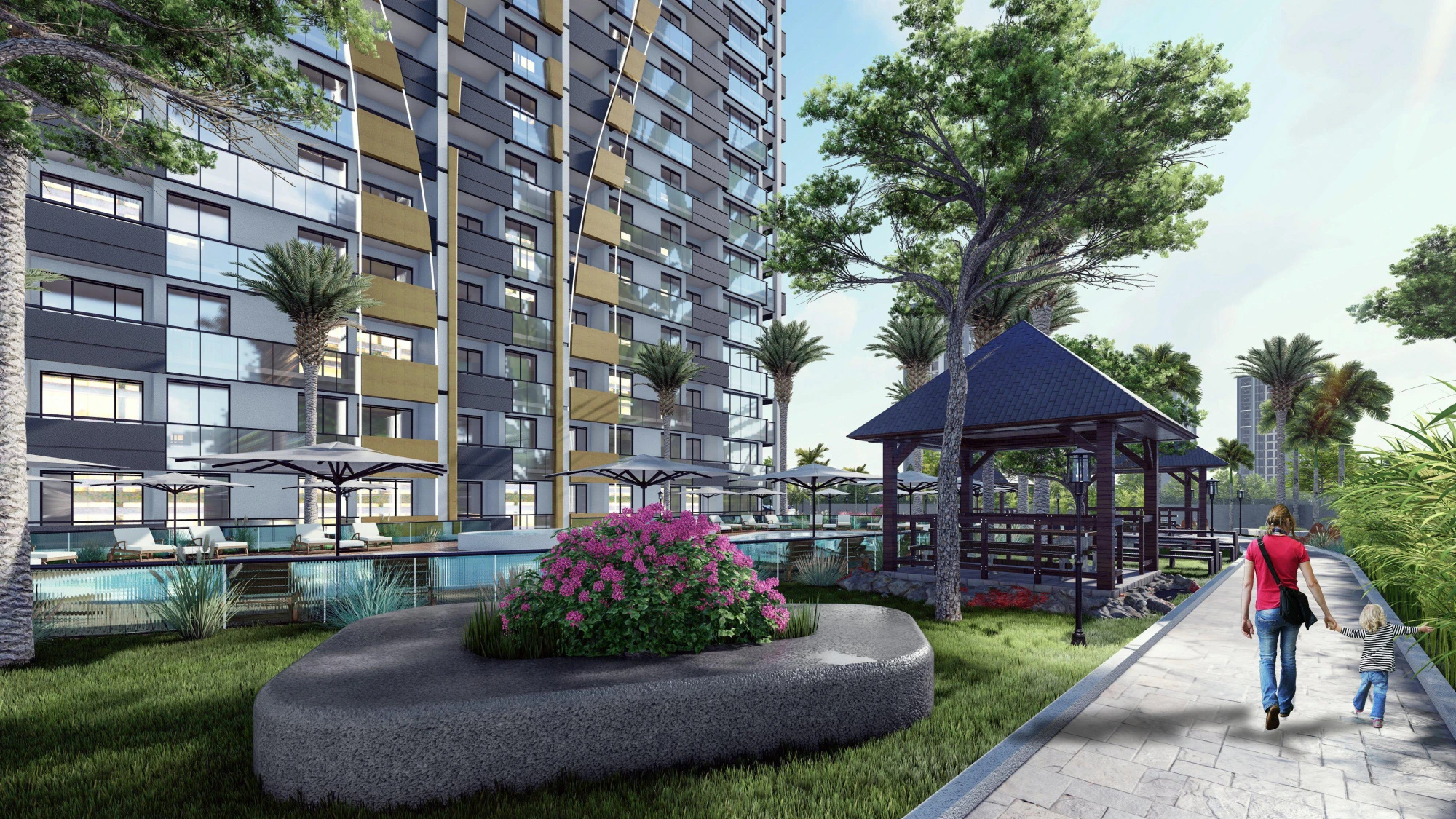 Меблированные апартаменты в комплексе с бассейном, 500 метров до моря, Мерсин, Турция